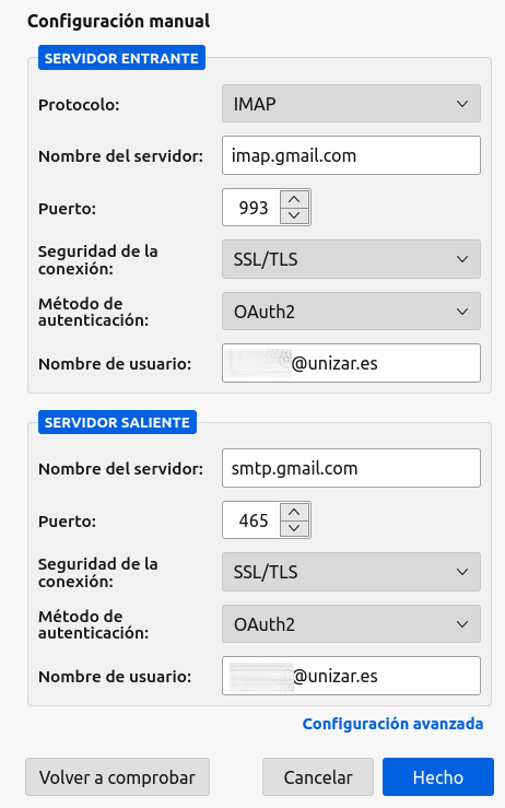 configuración thunderbird